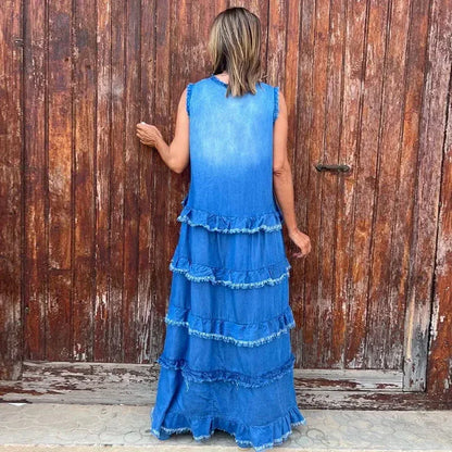 Women's Denim Dress With Ruffle Detail