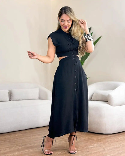 Women's Dress With Buttons And a Cutout Detail At The Waist