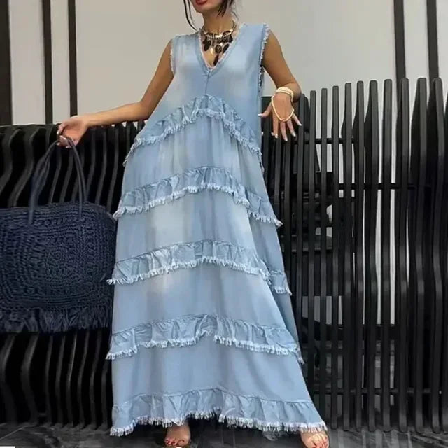 Women's Denim Dress With Ruffle Detail